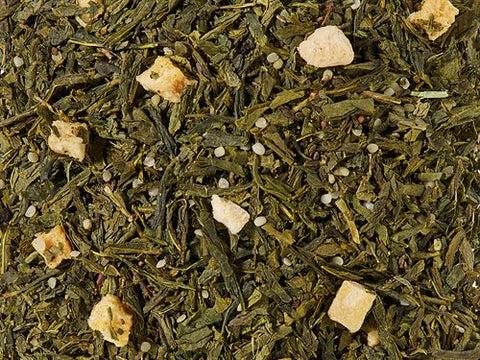Losse groene thee met perzik, hennepzaden en citrus – fris, fruitig en nootachtig